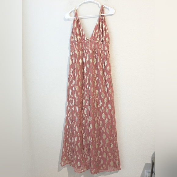 Altar'd State Pink Rose Shimmery Metallic V-Neck Sleeveless Flowy Maxi Dress - Picture 6 of 10